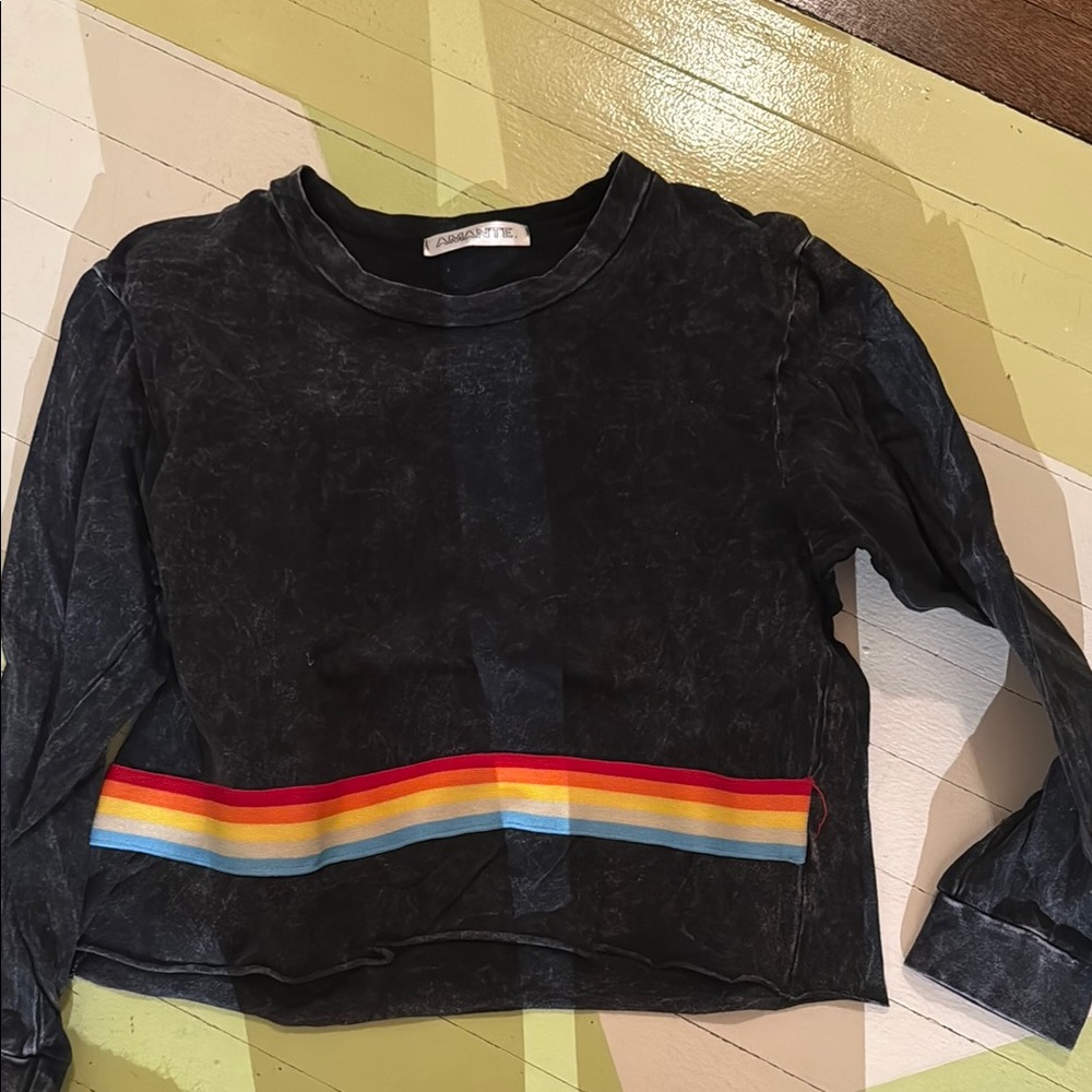Zara Black Long Sleeve Tee with Rainbow Stripes
